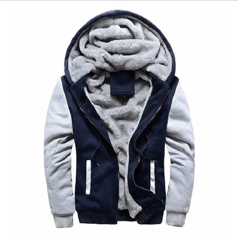 Navy hooded zip jacket with light grey sleeves, zip pockets and a fluffy-looking lining