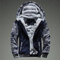 Navy zip jacket with camouflage sleeves, striped cuffs and a fluffy-looking hood lining