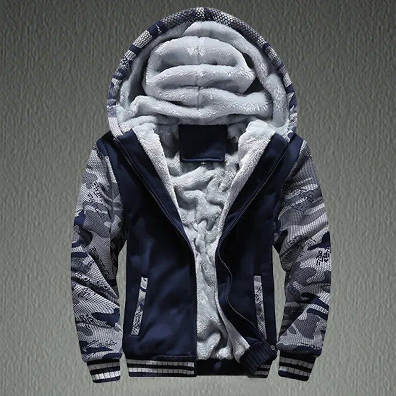 Navy zip jacket with camouflage sleeves, striped cuffs and a fluffy-looking hood lining