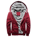 Plain wine red hooded zip jacket open to show a fluffy-looking lining and a small blank label