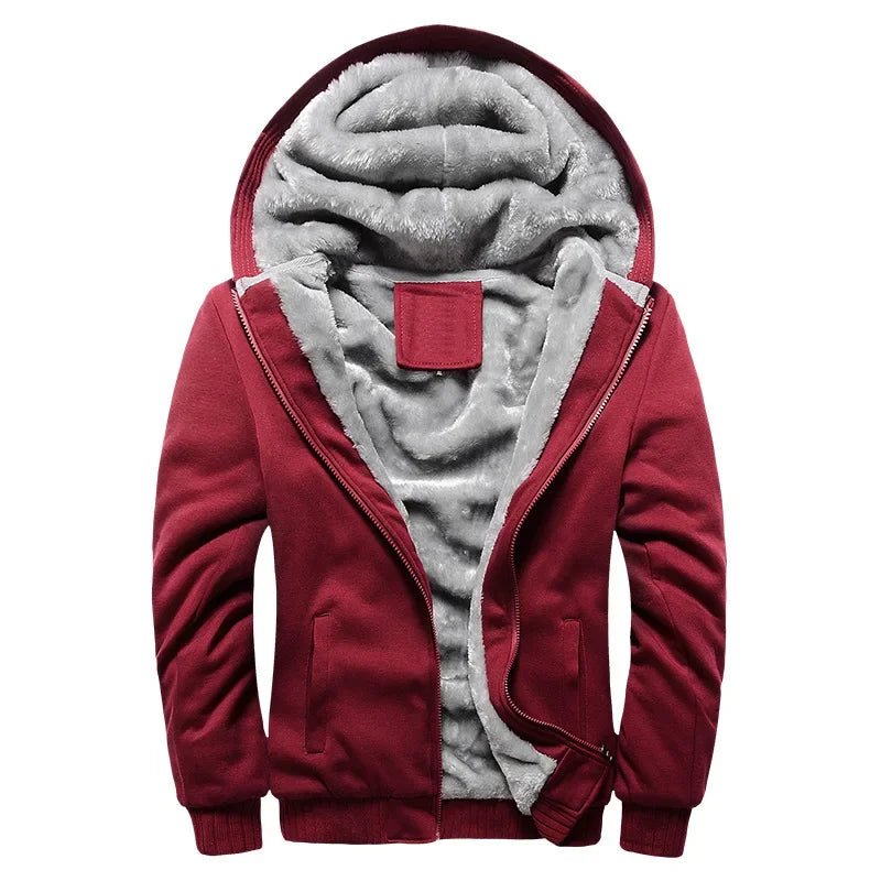Plain wine red hooded zip jacket open to show a fluffy-looking lining and a small blank label