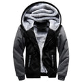 Black hooded zip jacket with dark grey sleeves, zip pockets and a fluffy-looking lining