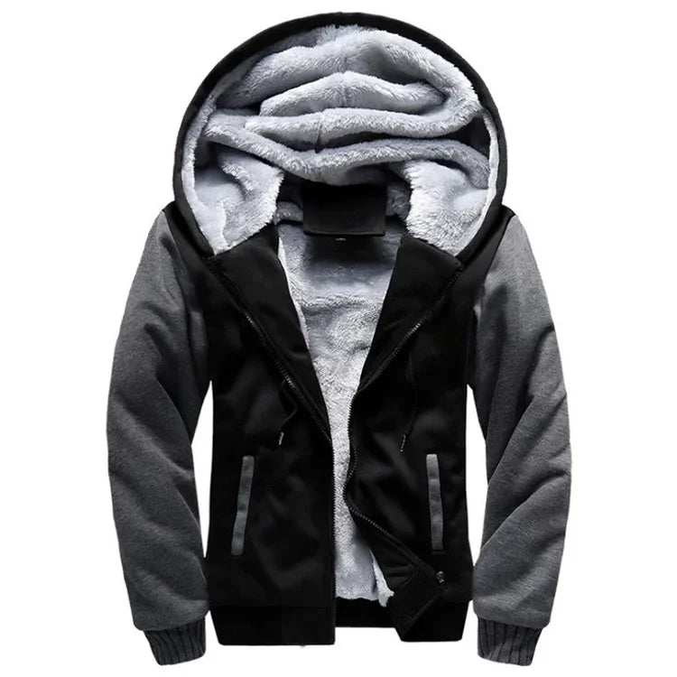 Black hooded zip jacket with dark grey sleeves, zip pockets and a fluffy-looking lining
