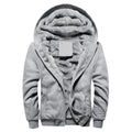 Plain light grey hooded zip jacket open to show a fluffy-looking lining and a small blank label
