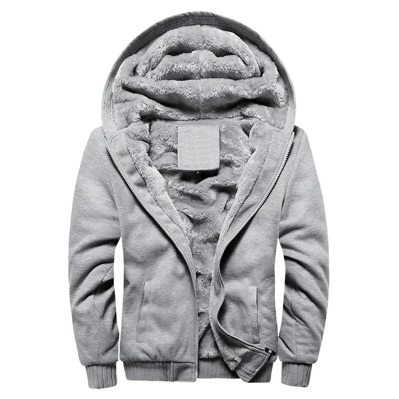 Plain light grey hooded zip jacket open to show a fluffy-looking lining and a small blank label