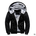 Plain black hooded zip jacket with a fluffy-looking hood lining and a small blank label