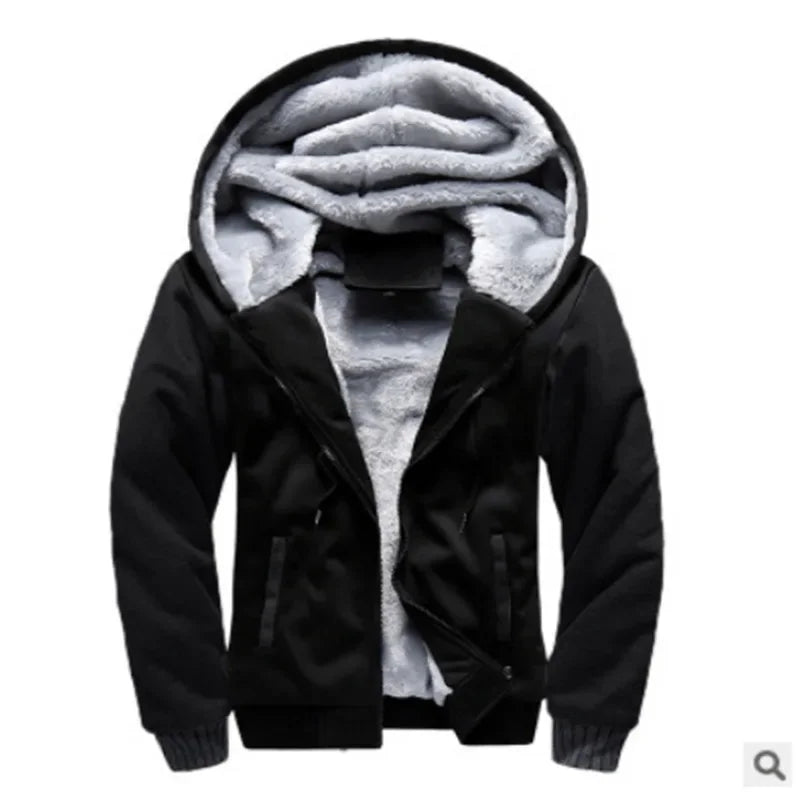 Plain black hooded zip jacket with a fluffy-looking hood lining and a small blank label