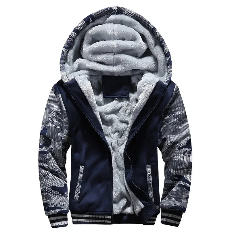 Navy hooded zip jacket with camouflage sleeves and a fluffy-looking lining in the hood