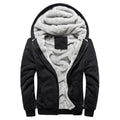 Plain black hooded zip jacket open to show a fluffy-looking lining and a small blank label