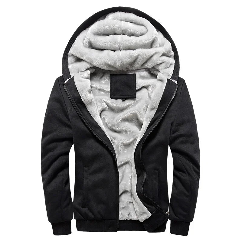 Plain black hooded zip jacket open to show a fluffy-looking lining and a small blank label