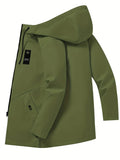 Green hooded zip jacket with a long cut and a small chest tag, laid flat at an angle