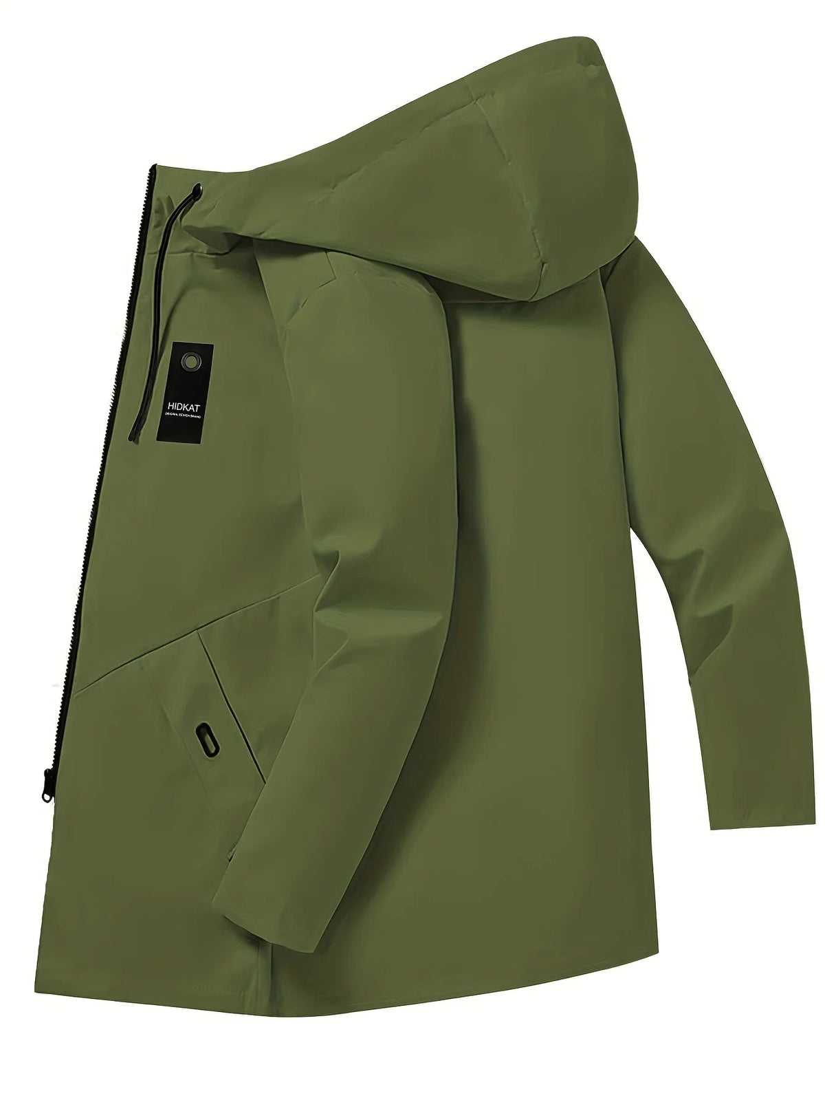 Green hooded zip jacket with a long cut and a small chest tag, laid flat at an angle