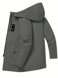 Grey hooded zip jacket with a long cut and a small chest tag, laid flat at an angle