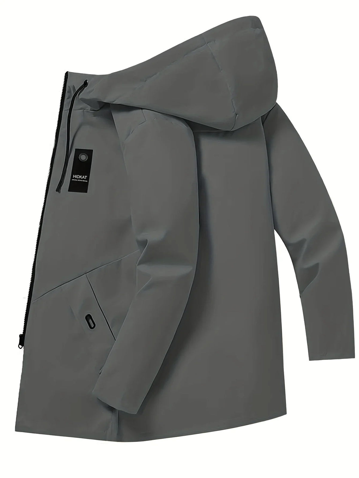 Grey hooded zip jacket with a long cut and a small chest tag, laid flat at an angle