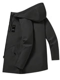 Black hooded zip jacket with a long cut and a small chest tag, laid flat at an angle