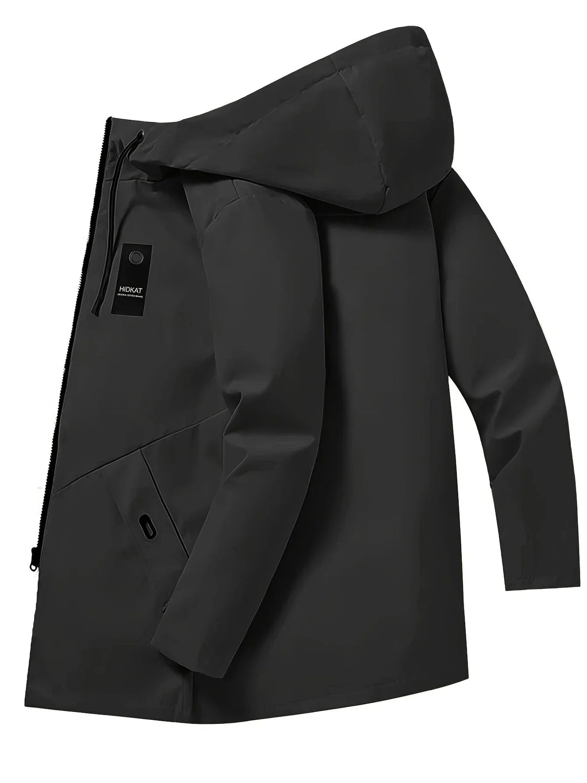 Black hooded zip jacket with a long cut and a small chest tag, laid flat at an angle