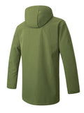 Back view of a green hooded jacket with a long cut, laid flat on a white background