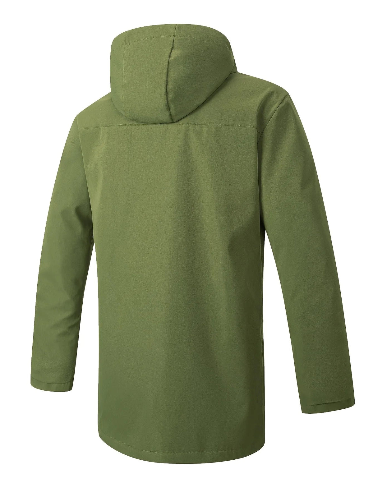 Back view of a green hooded jacket with a long cut, laid flat on a white background