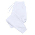 White jogger sweatpants laid flat with the drawstring and cuffs visible