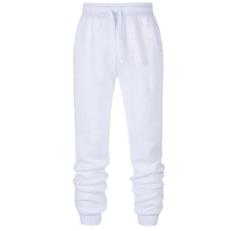 White drawstring jogger sweatpants with a tied waist cord and ribbed ankle cuffs, front view
