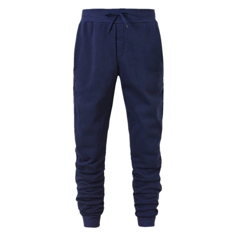 Navy blue drawstring jogger sweatpants with elastic ankle cuffs, front view