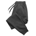 Dark gray jogger sweatpants laid flat with drawstring waist and ribbed ankle cuffs