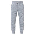 Light grey drawstring jogger sweatpants with side pockets and ribbed ankle cuffs, front view