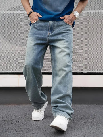 Men’s Casual Straight Jeans – Light Blue Loose Fit