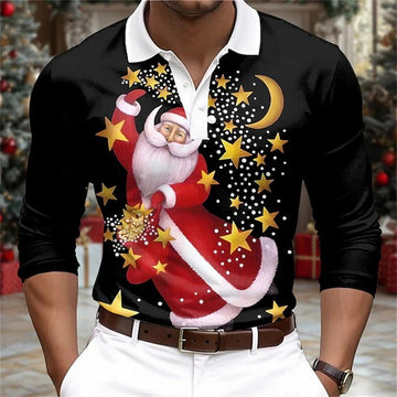 Men’s Christmas Polo Shirt – 3D Santa Claus Print Long Sleeve Top