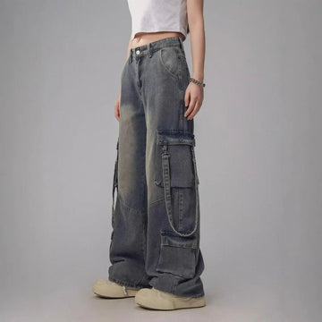 Men’s Distressed Cargo Straight Loose Denim Jeans