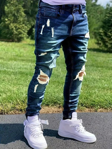 Men’s Distressed Skinny Jeans – Ripped Stretch Denim Street Style