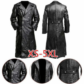 Men’s German Classic WW2 Military Black Leather Trench Coat
