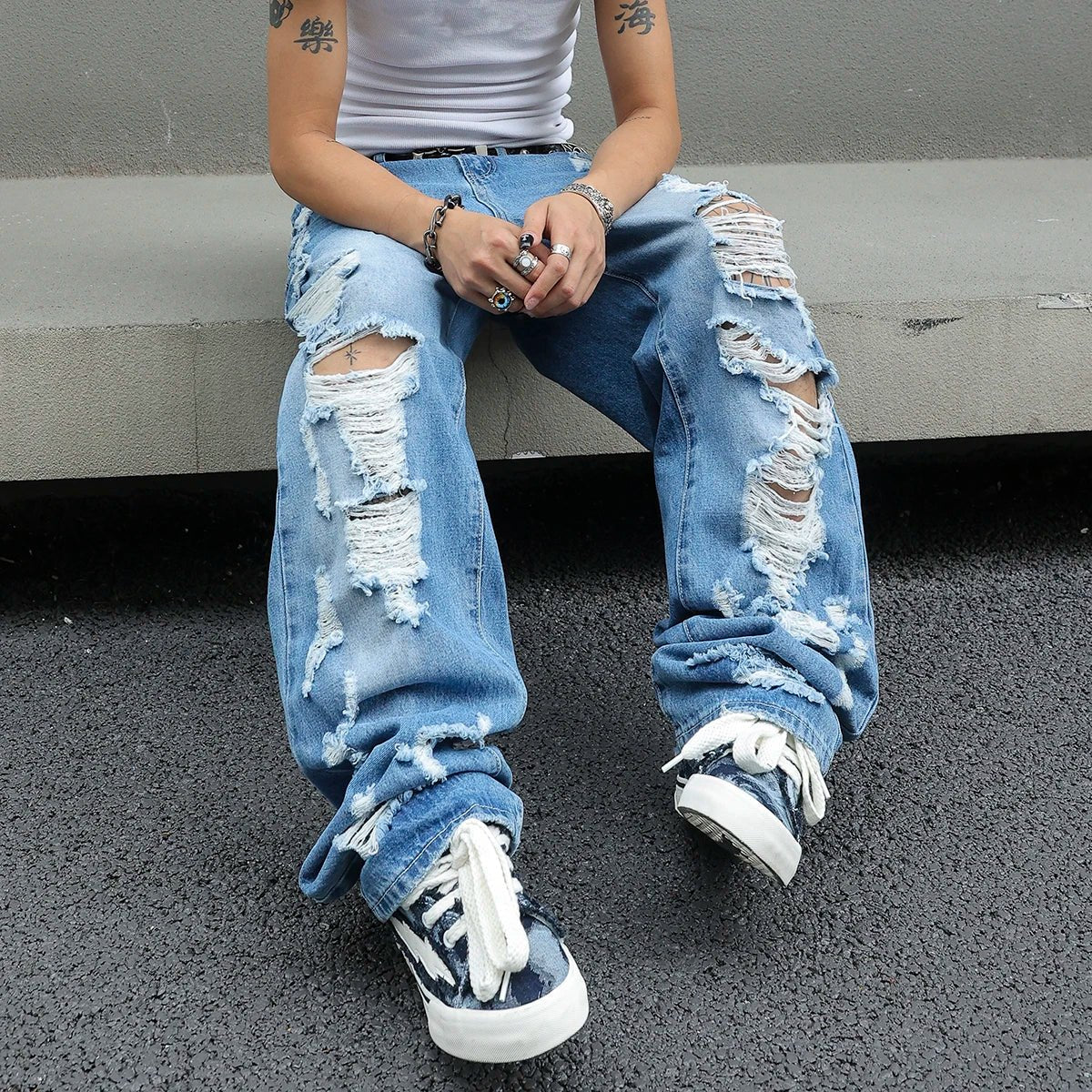 Men’s Light Wash Ripped Baggy Jeans Pants – Y2K Wide Leg Streetwear