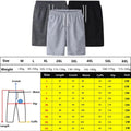 Three drawstring shorts in dark grey, light grey and black above a size chart and measurement diagram