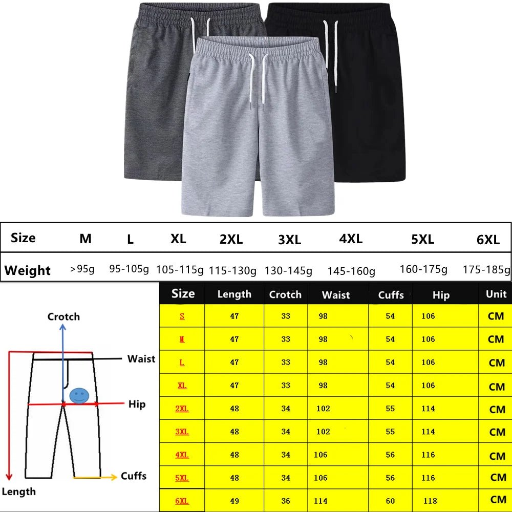Three drawstring shorts in dark grey, light grey and black above a size chart and measurement diagram