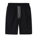 Black drawstring shorts with side pockets, shown from the front