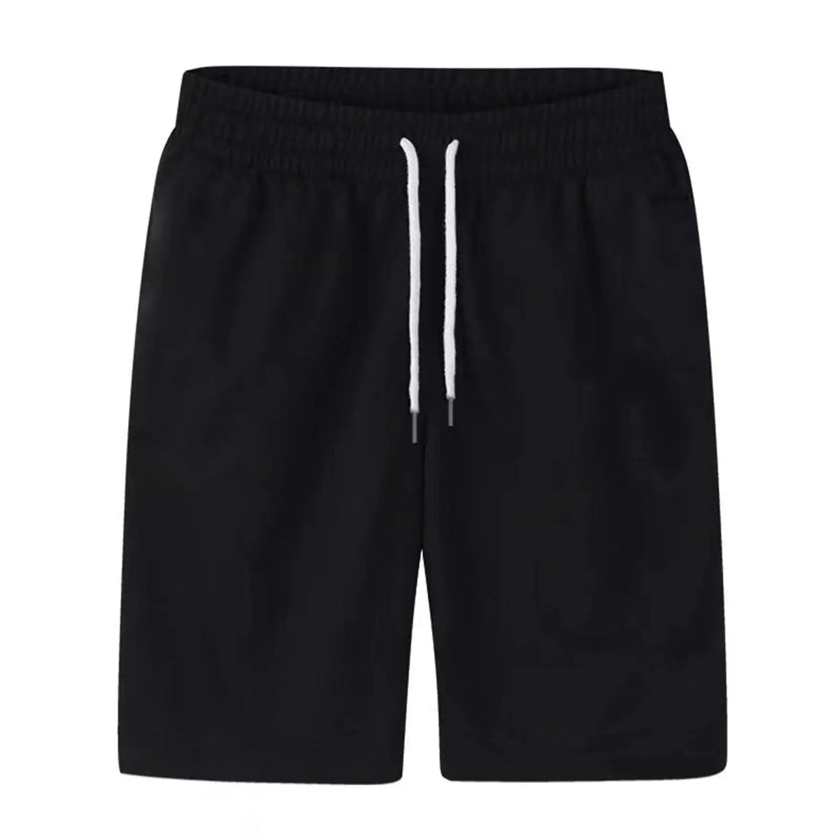 Black drawstring shorts with side pockets, shown from the front