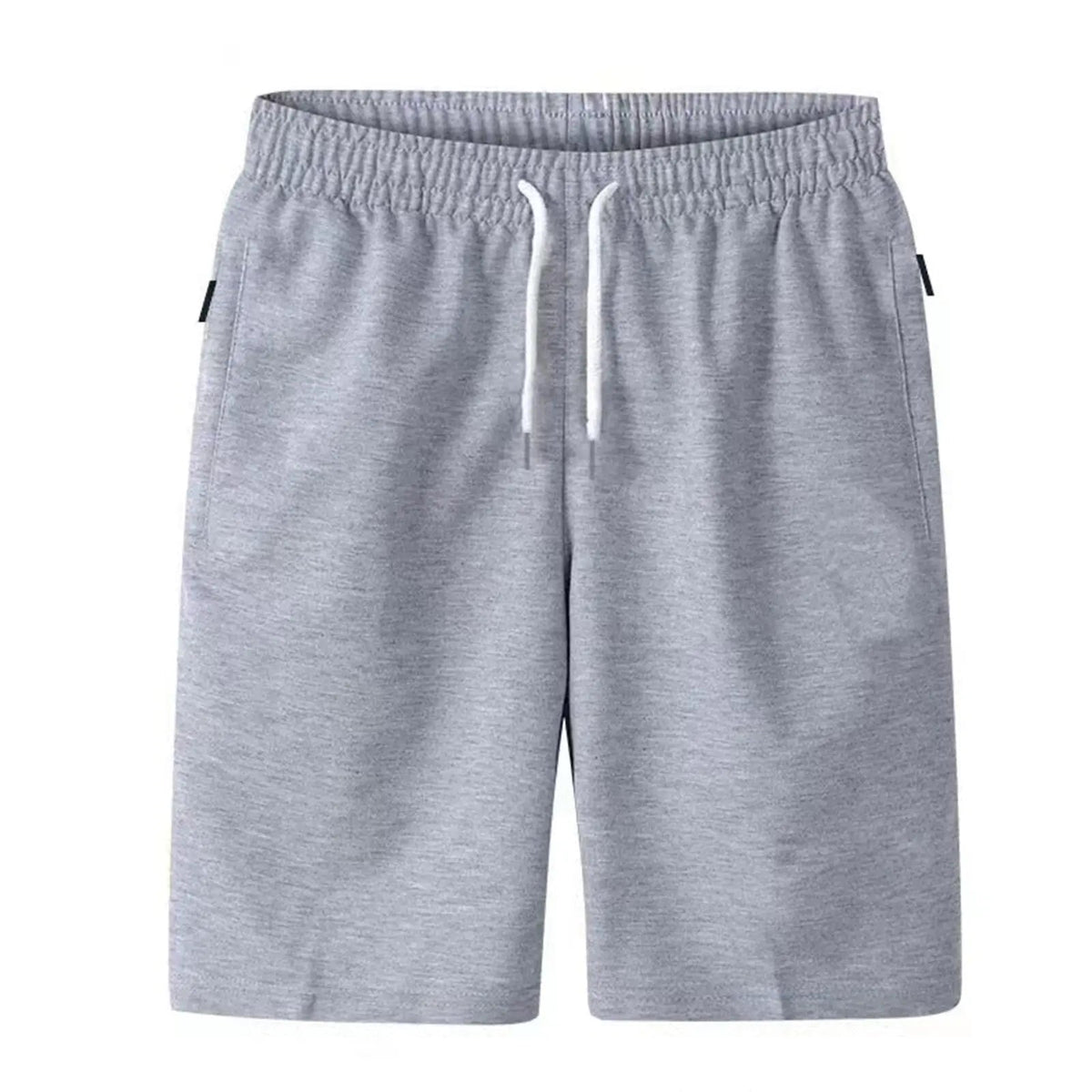 Light grey drawstring shorts with side pockets, shown from the front
