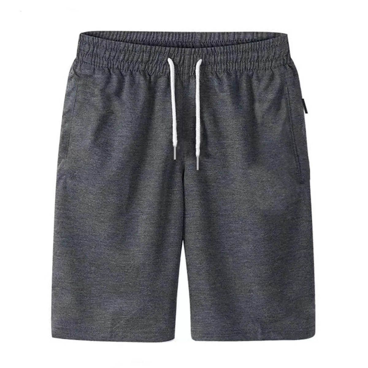 Dark grey drawstring shorts with side pockets, shown from the front