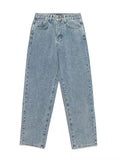 Light blue washed baggy jeans laid flat on a white background showing the straight wide leg