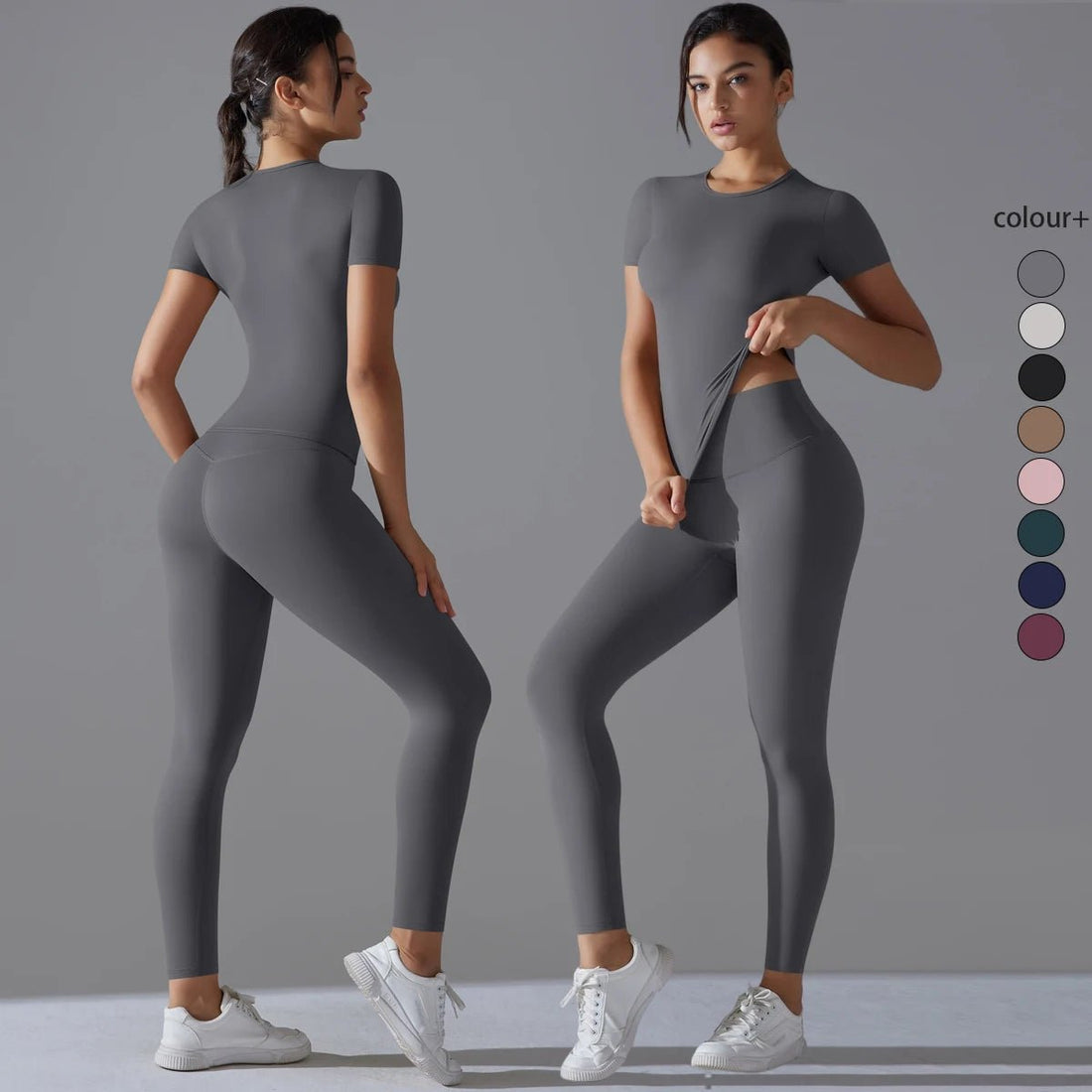 Two views of a woman in a grey short-sleeve top and matching leggings, with colour swatches beside her