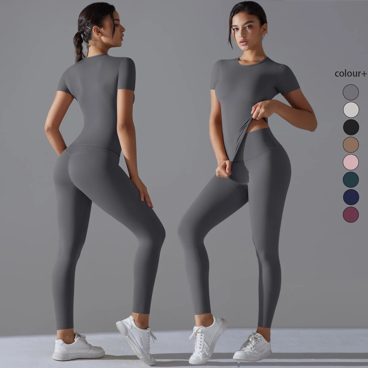 Two views of a woman in a grey short-sleeve top and matching leggings, with colour swatches beside her