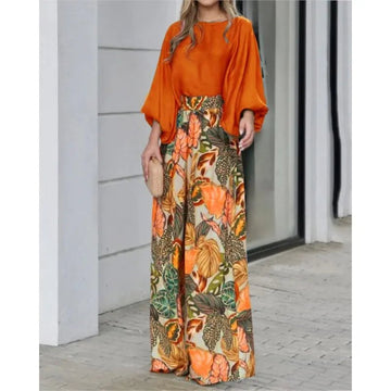 Summer Women’s Two-Piece Set – Lantern Sleeve Top & Printed Wide-Leg Pants | Casual Chic Outfit