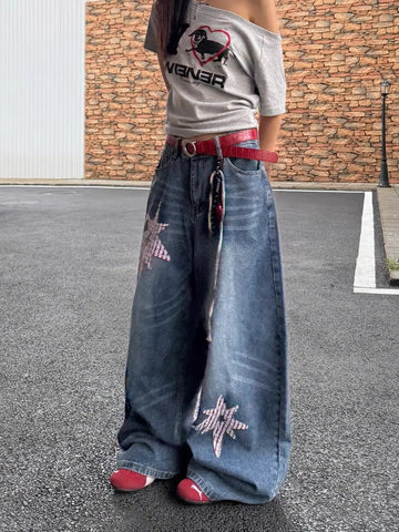 Women’s American Retro Star Embroidered Jeans – High-Waist Loose Fit Wide-Leg Denim Pants