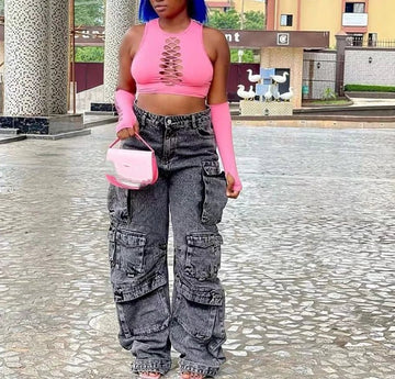 Women’s American Vintage Cargo Jeans – High-Waist Washed Denim Streetwear Pants