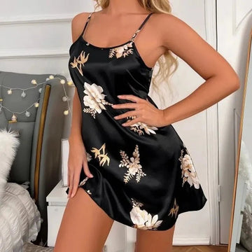 Women’s Black Floral Silk Nightdress – Sexy Sleeveless Sleepwear & Nightgown