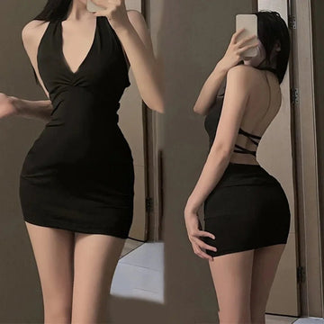 Women’s Black Halter Backless Mini Dress – Sexy V-Neck Wrap Party Outfit