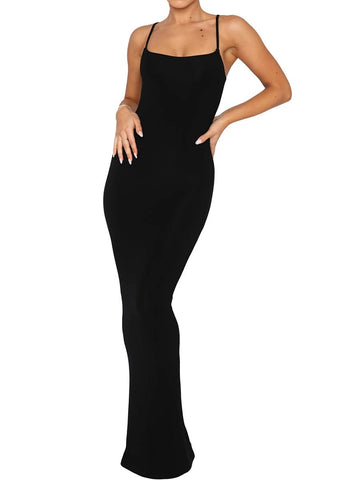 Women’s Bodycon Long Dress – Backless Spaghetti Strap Pencil Dress