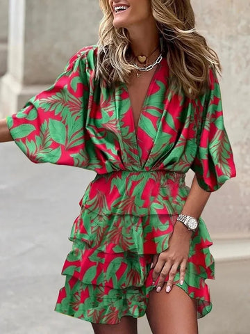 Women’s Boho V-Neck Mini Dress – Lace-Up Ruffle Beach Dress with Batwing Sleeves