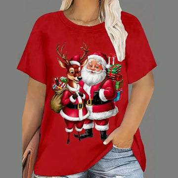 Women’s Christmas T-Shirt – Cartoon Santa Claus Print Casual Top